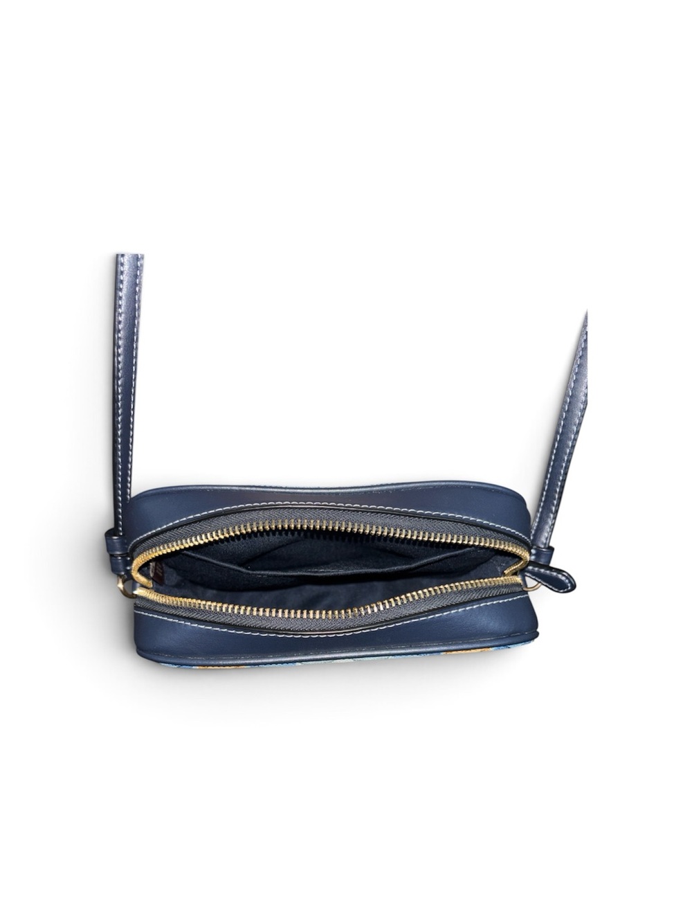 Coach mini Camera bag in yellow and blue stripes and a blue wristlet wallet. - Picture 6 of 7